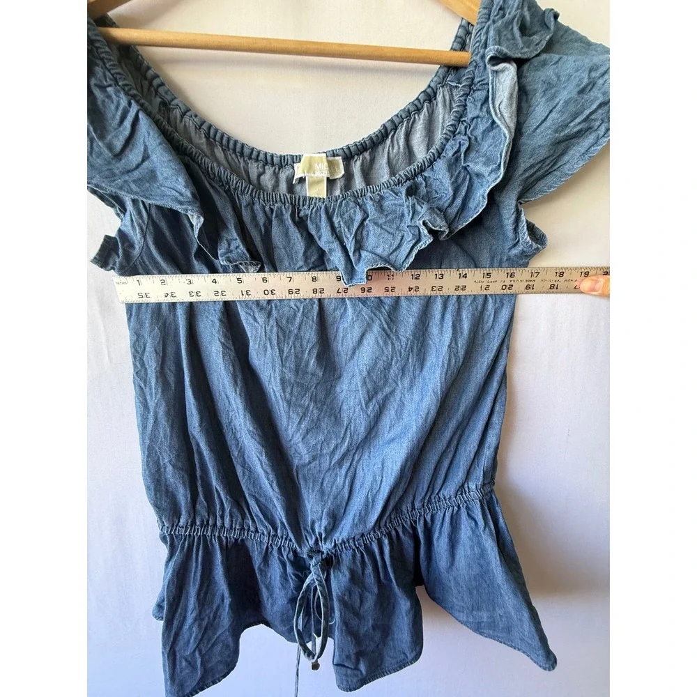Michael Kors Blue Chambray Ruffle Peplum Top Cotton Lyocell Blend Medium